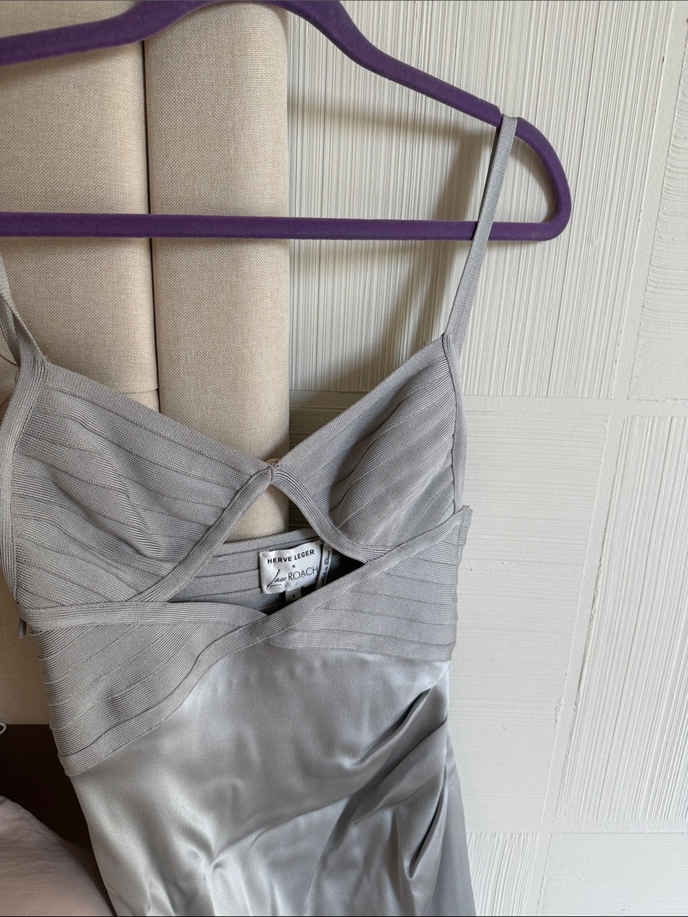 Herve Leger Strapless Satin Slip Maxi Dress in Light Gray, Silver Size 4